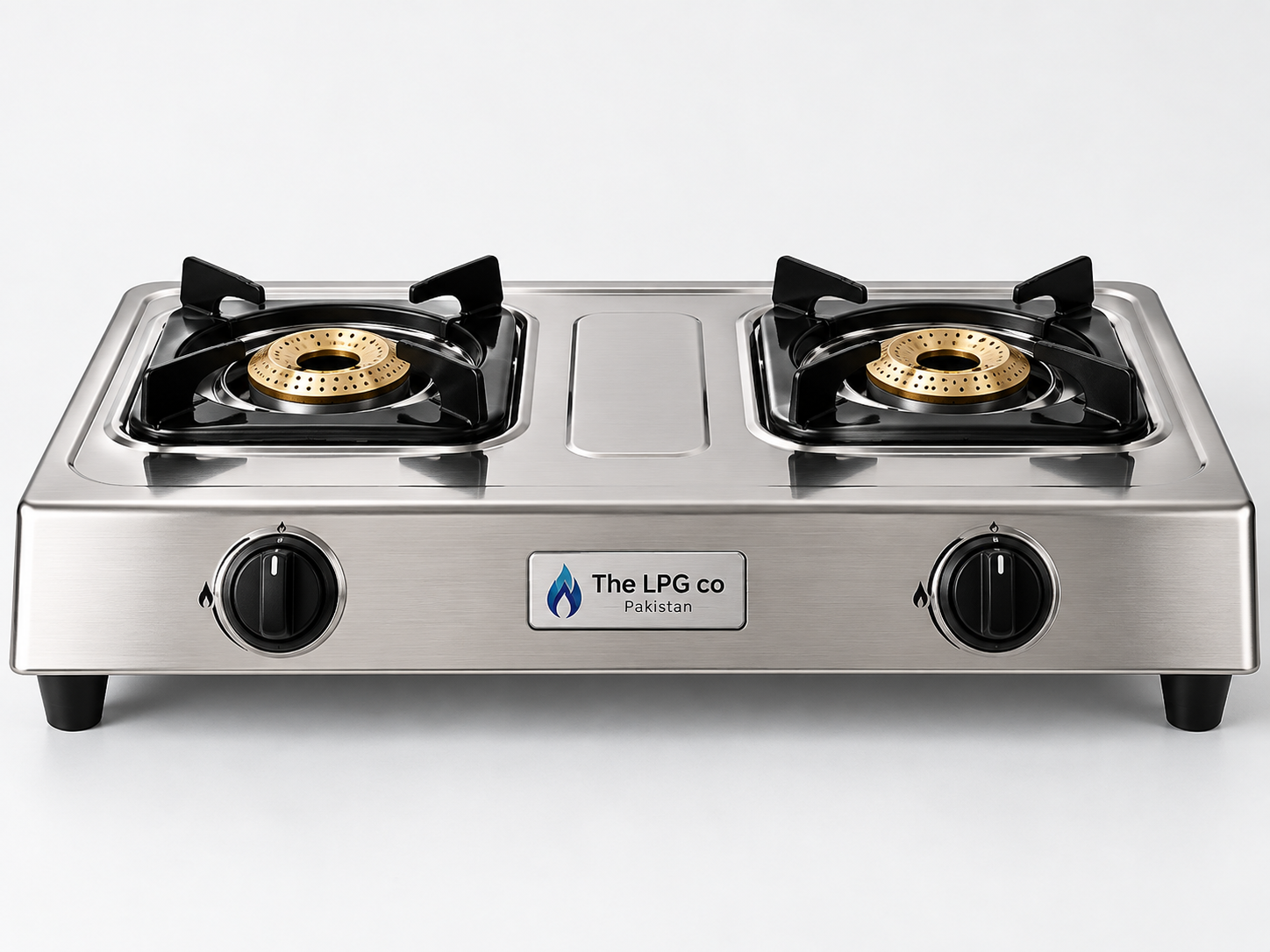 LPG stove price in Pakistan — two-burner stainless LPG gas stove front view