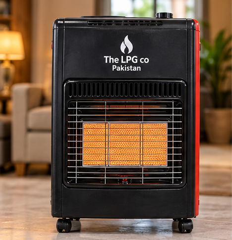 LPG heater in Pakistan — cabinet LPG room heater with ceramic panels glowing
