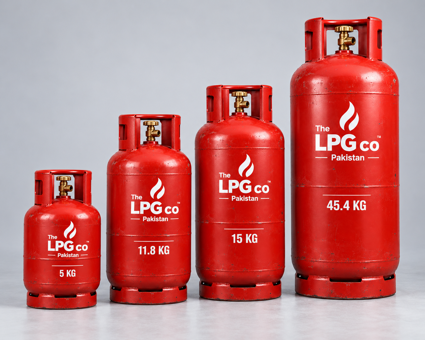 LPG cylinder sizes in Pakistan — 5 kg, 11.8 kg, 15 kg and 45.4 kg cylinders side by side