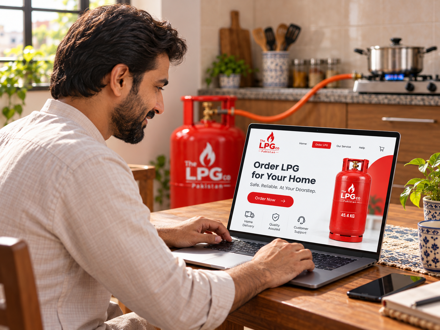 Order LPG online in Pakistan — requesting LPG cylinder delivery from a laptop